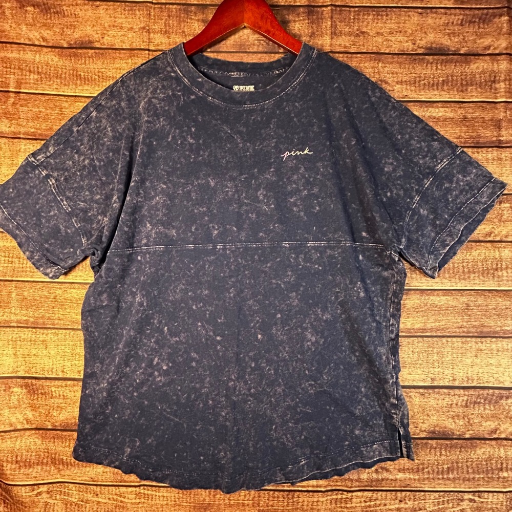 PINK Victoria's Secret Blue Acid Wash Distressed Varsity Crew T-Shirt Medium